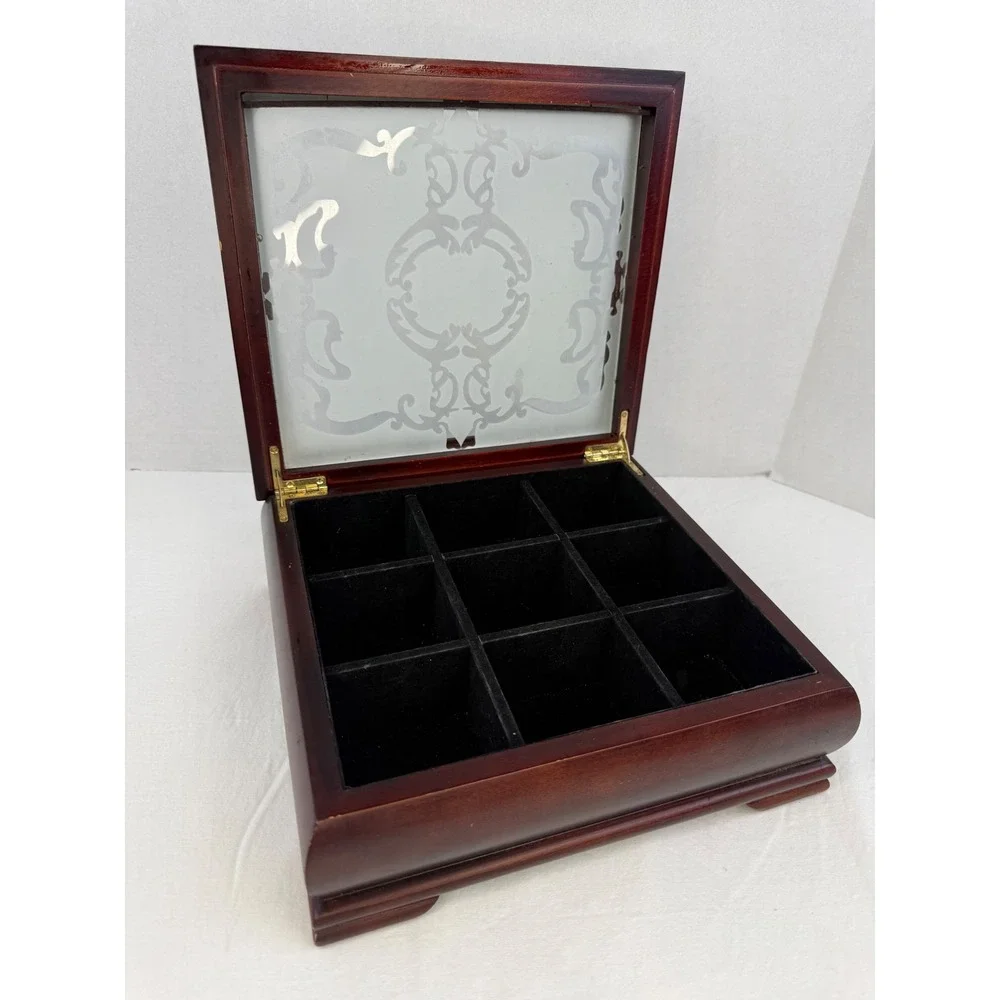 Vintage‎ Wooden Jewelry Box Etched Glass Lid 9 Compartments Cherry Finish
